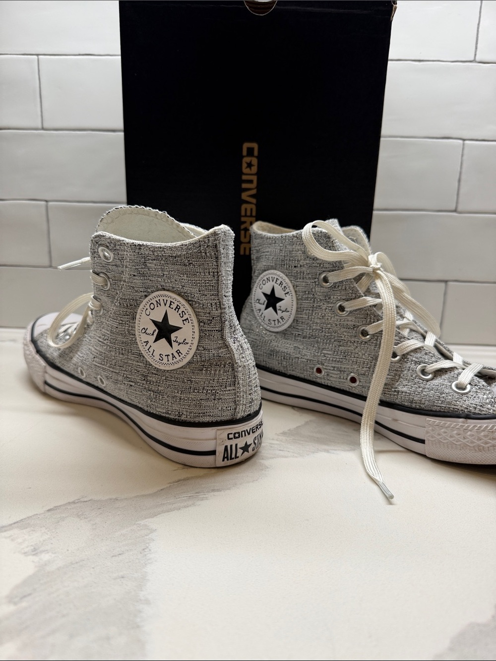 Converse Sparkle Knit High Top Sneakers in Heather Gray and White - Picture 2 of 4